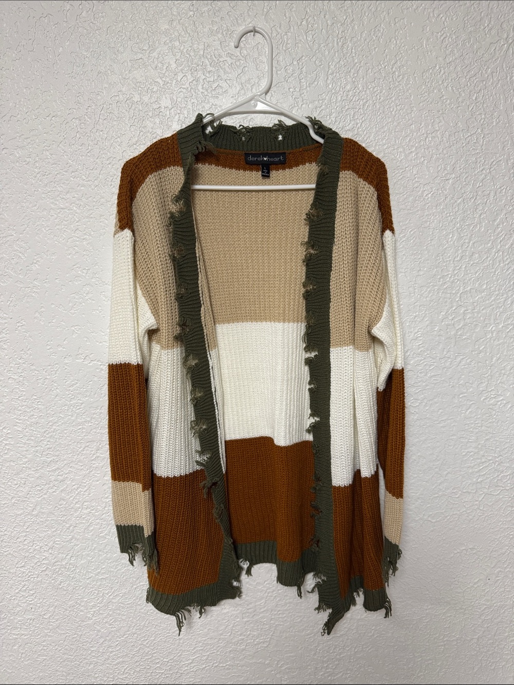 Derek Heart Striped Fringe Open Cardigan - Brown/Beige/Cream/Olive Size L